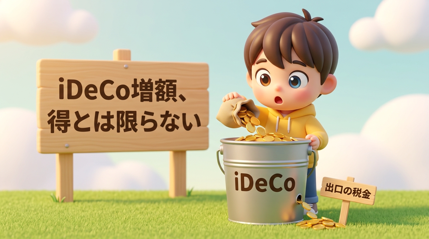 黄色いパーカーの男の子が「iDeCo」と書かれたバケツに金貨を注いでいるが、底の小さな穴から金貨がこぼれ、「出口の税金」の札が立っている。木の看板に「iDeCo増額、得とは限らない」の文字