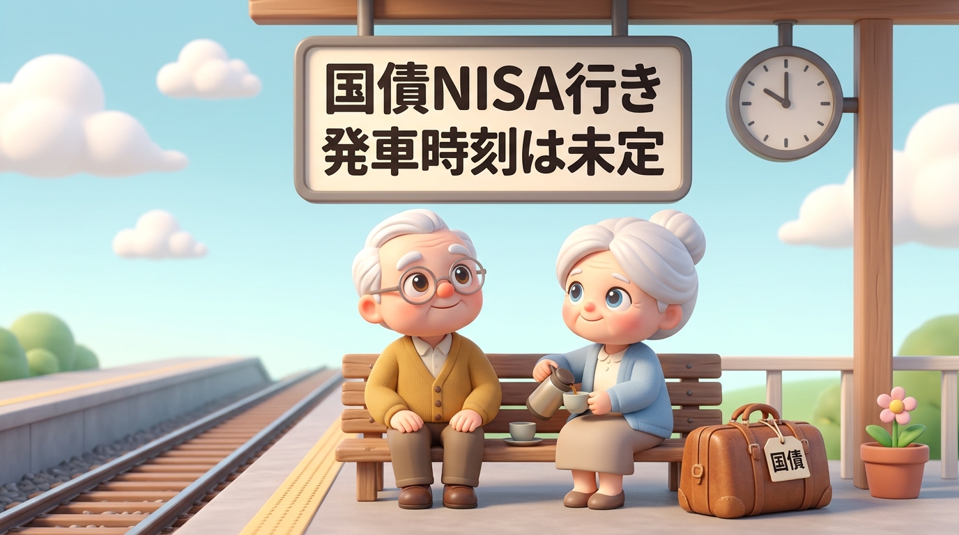 駅のホームのベンチで、白髪のおじいさんとおばあさんが水筒のお茶を分け合いながら、「国債」と書かれた旅行かばんを横に置いて発車案内板を見上げている。案内板には「国債NISA行き　発車時刻は未定」と表示され、線路の先に電車の姿はない