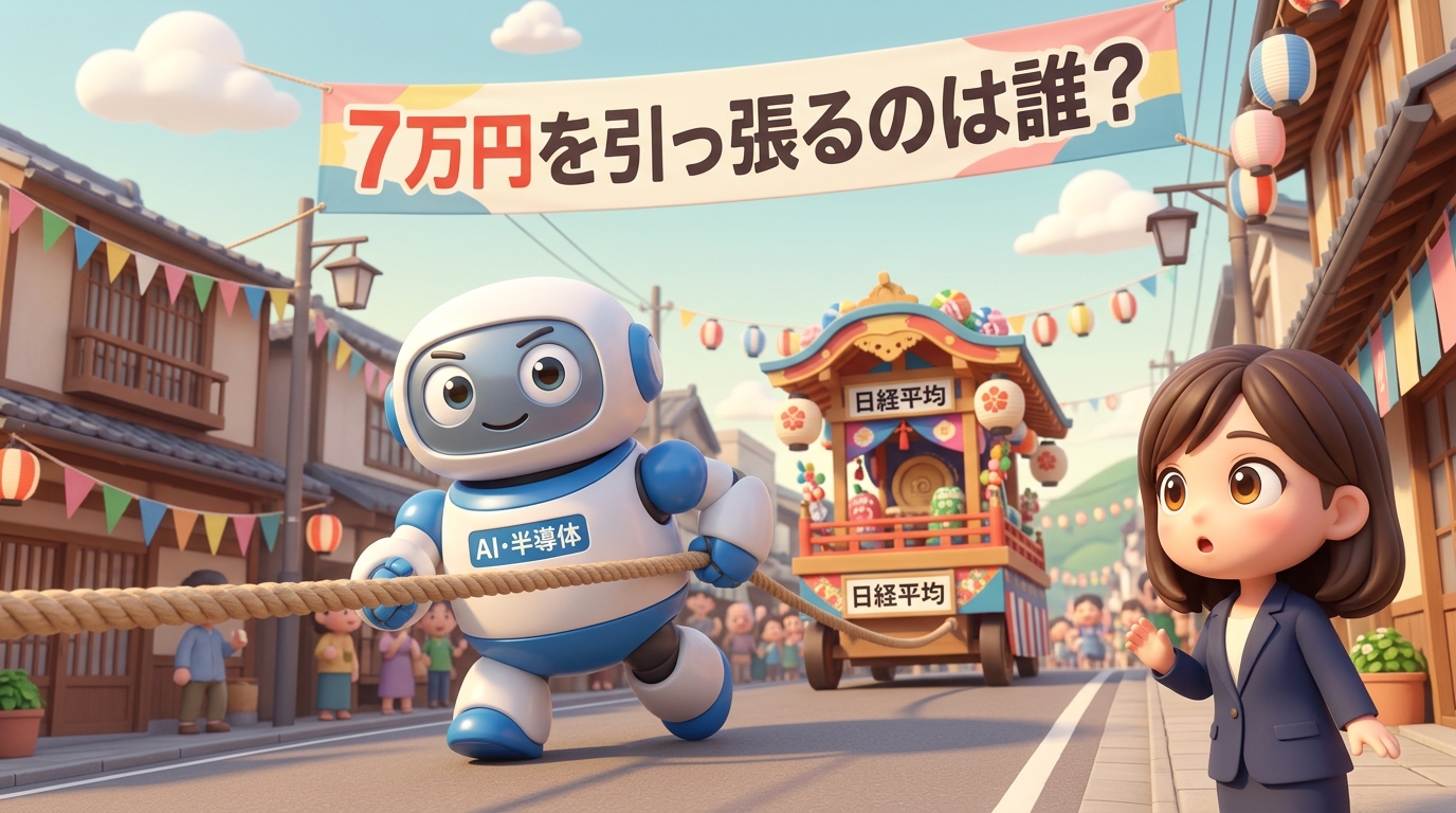 お祭りの坂道で、胸に「AI・半導体」と書かれた大きなロボットが「日経平均」の山車を引っ張り、紺のブレザーの女性が驚いて見ている。横断幕に「7万円を引っ張るのは誰？」の文字