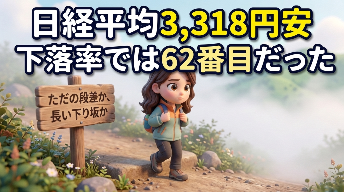 霧のかかった登山道で、段差を下りたばかりの会社員の女性が先を見つめている。上部に「日経平均3,318円安　下落率では62番目だった」のタイトル、道標に「ただの段差か、長い下り坂か」の文字