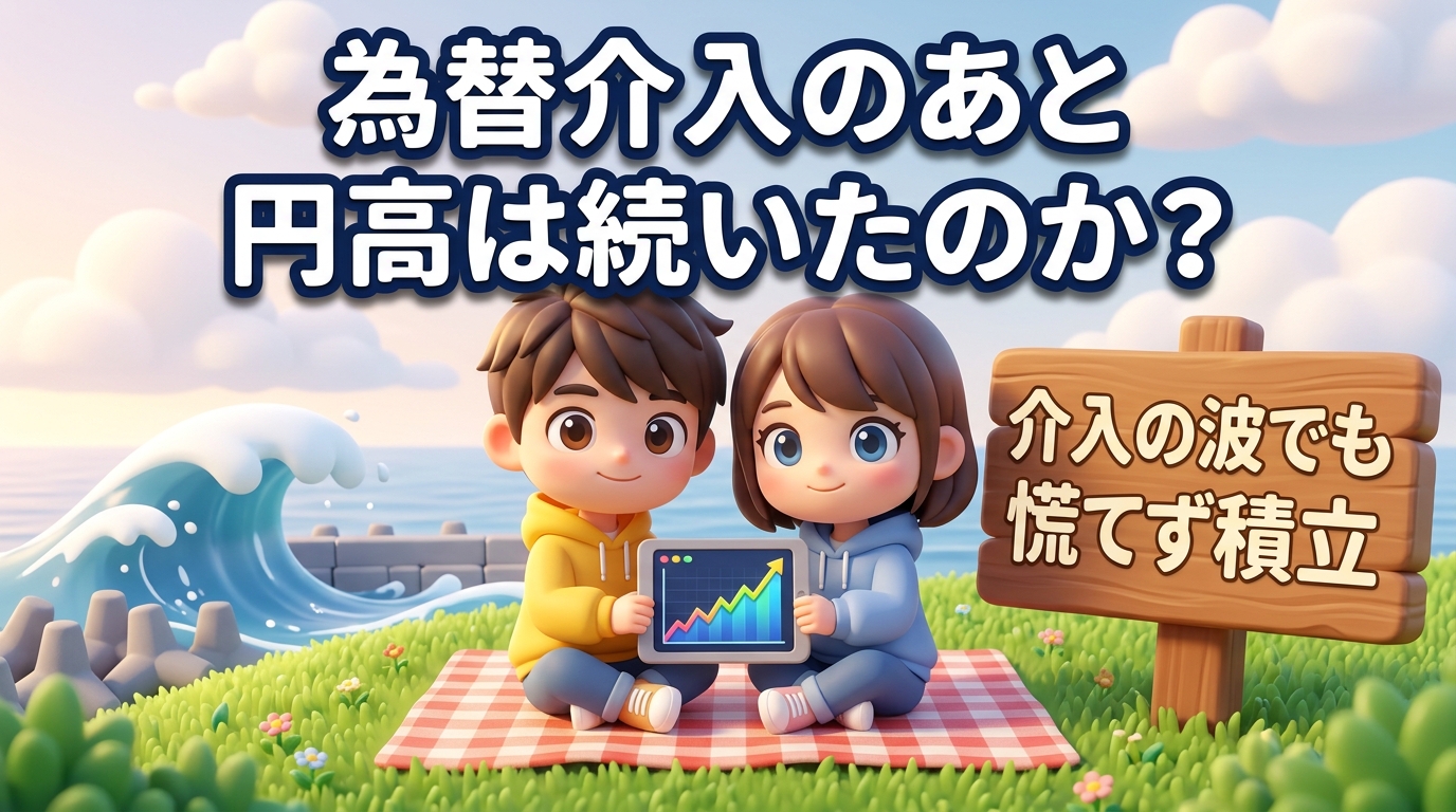 「為替介入のあと 円高は続いたのか？」のタイトルと、高台でタブレットのチャートを眺める若い夫婦、防波堤に当たる大波、「介入の波でも慌てず積立」の看板のイラスト