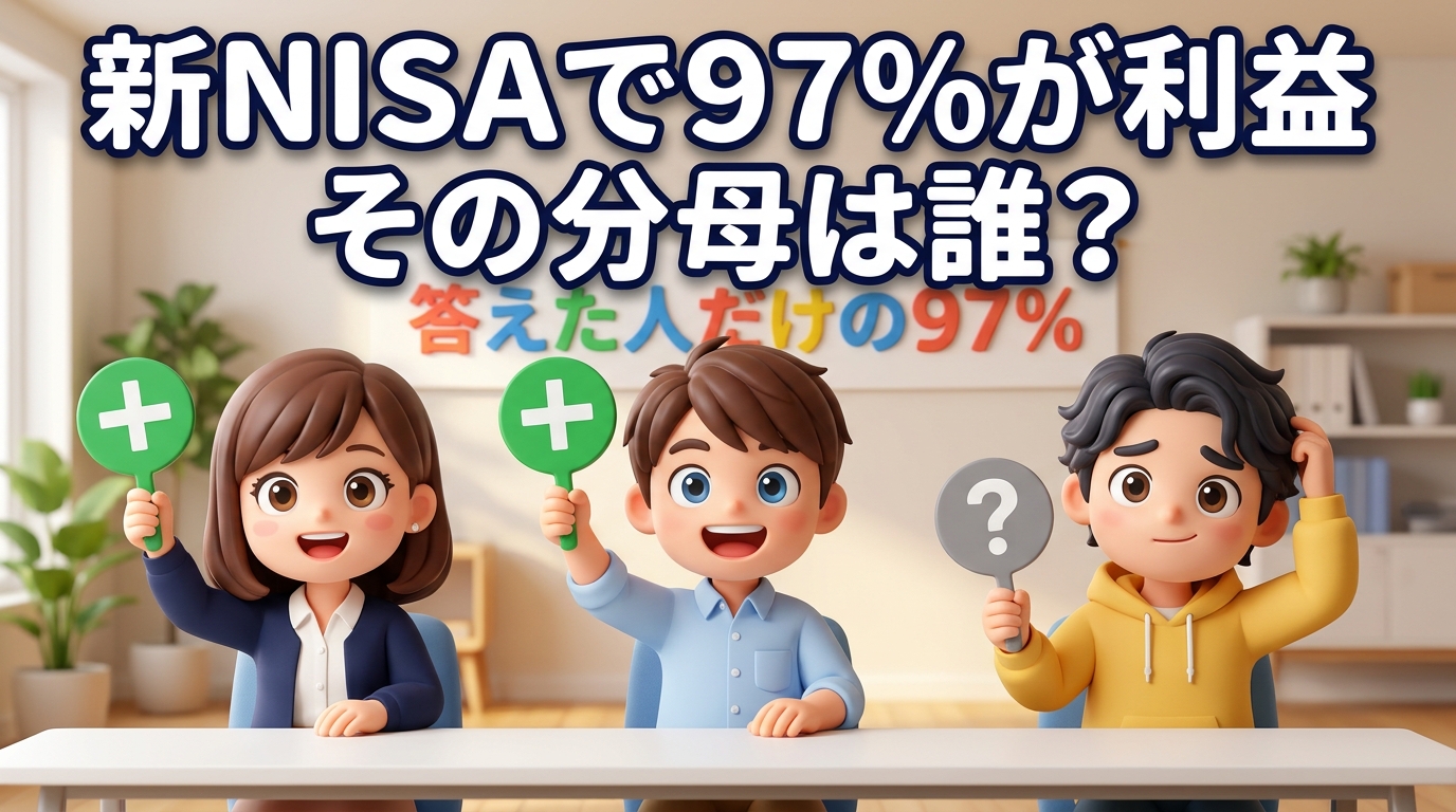 会議室の白いテーブルに並んだ3人のうち、紺のカーディガンの女性と水色シャツの男性が緑の「＋」の札を挙げ、黄色パーカーの男性が灰色の「？」の札を持って頭をかいている。背後の壁に「答えた人だけの97%」の横断幕、上部に「新NISAで97%が利益 その分母は誰？」のタイトル文字が入ったイラスト